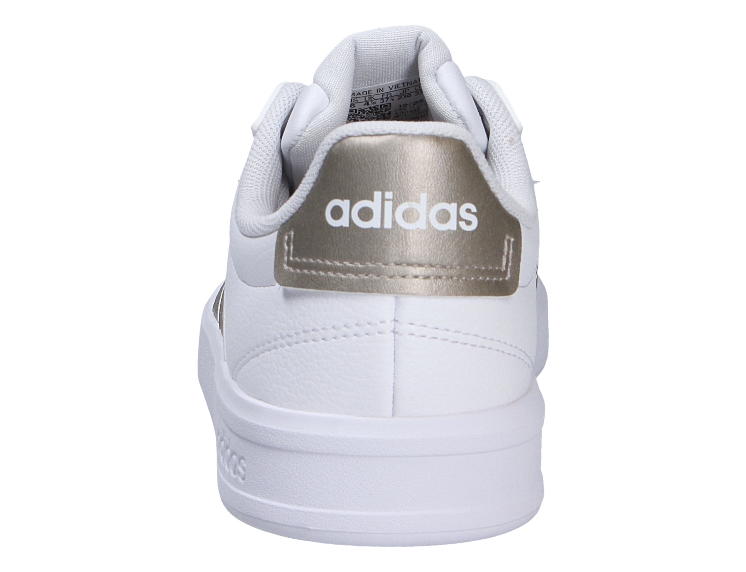 Rückansicht des Adidas GRAND COURT 3.0 Sneakers in Weiß mit goldfarbener Fersenkappe und adidas Logo