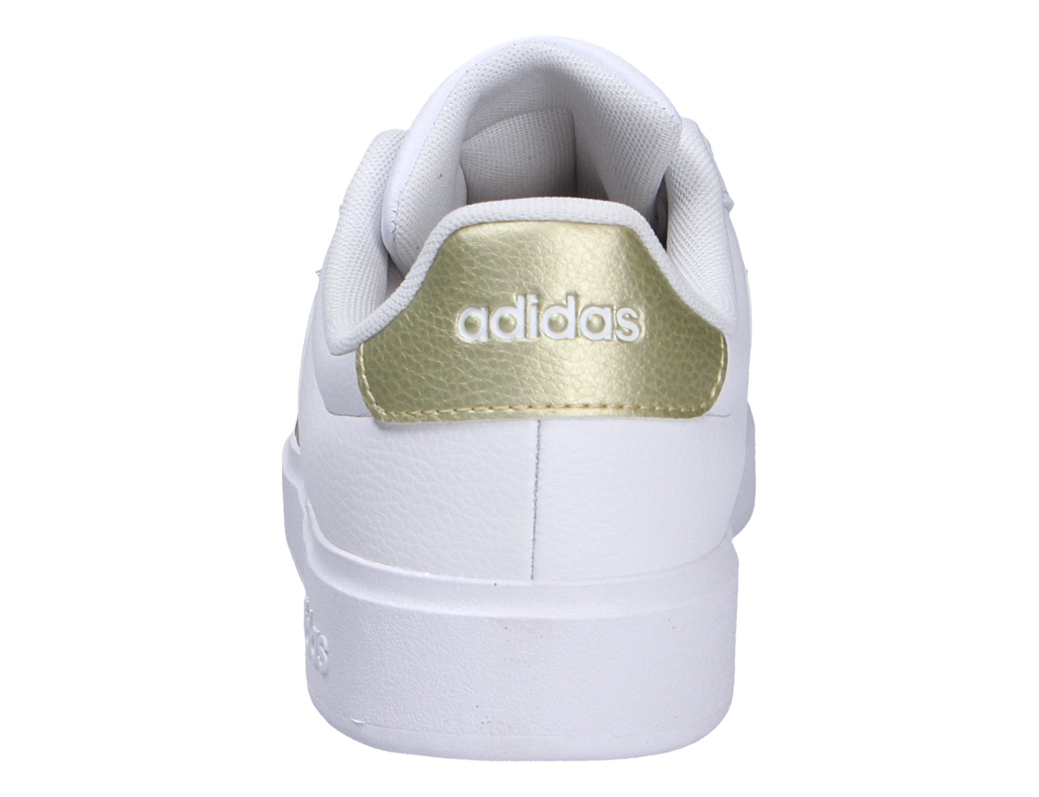 Rückansicht des Adidas STREETTALK Sneakers in Weiß mit goldfarbener Fersenkappe und adidas Logo